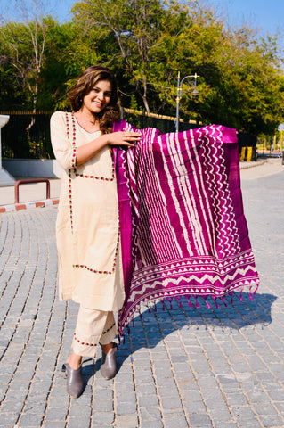Handcrafted Cotton Khadi Embroidered 3-Piece Dress