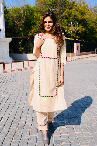 Handcrafted Cotton Khadi Embroidered 3-Piece Dress