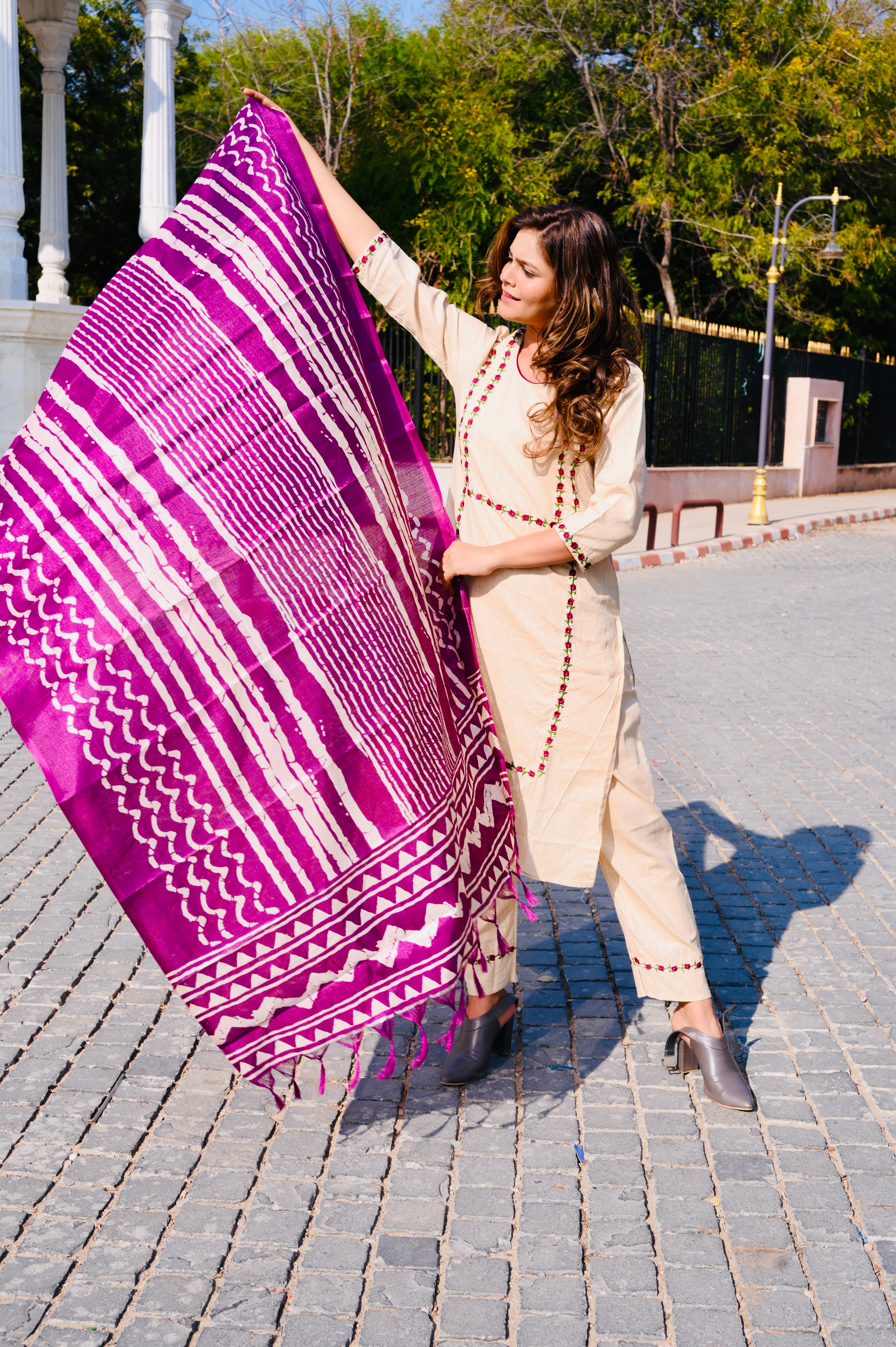 Handcrafted Cotton Khadi Embroidered 3-Piece Dress