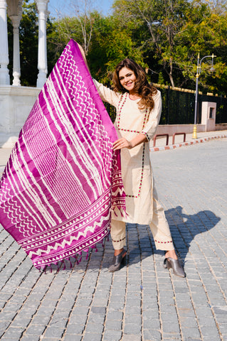 Handcrafted Cotton Khadi Embroidered 3-Piece Dress