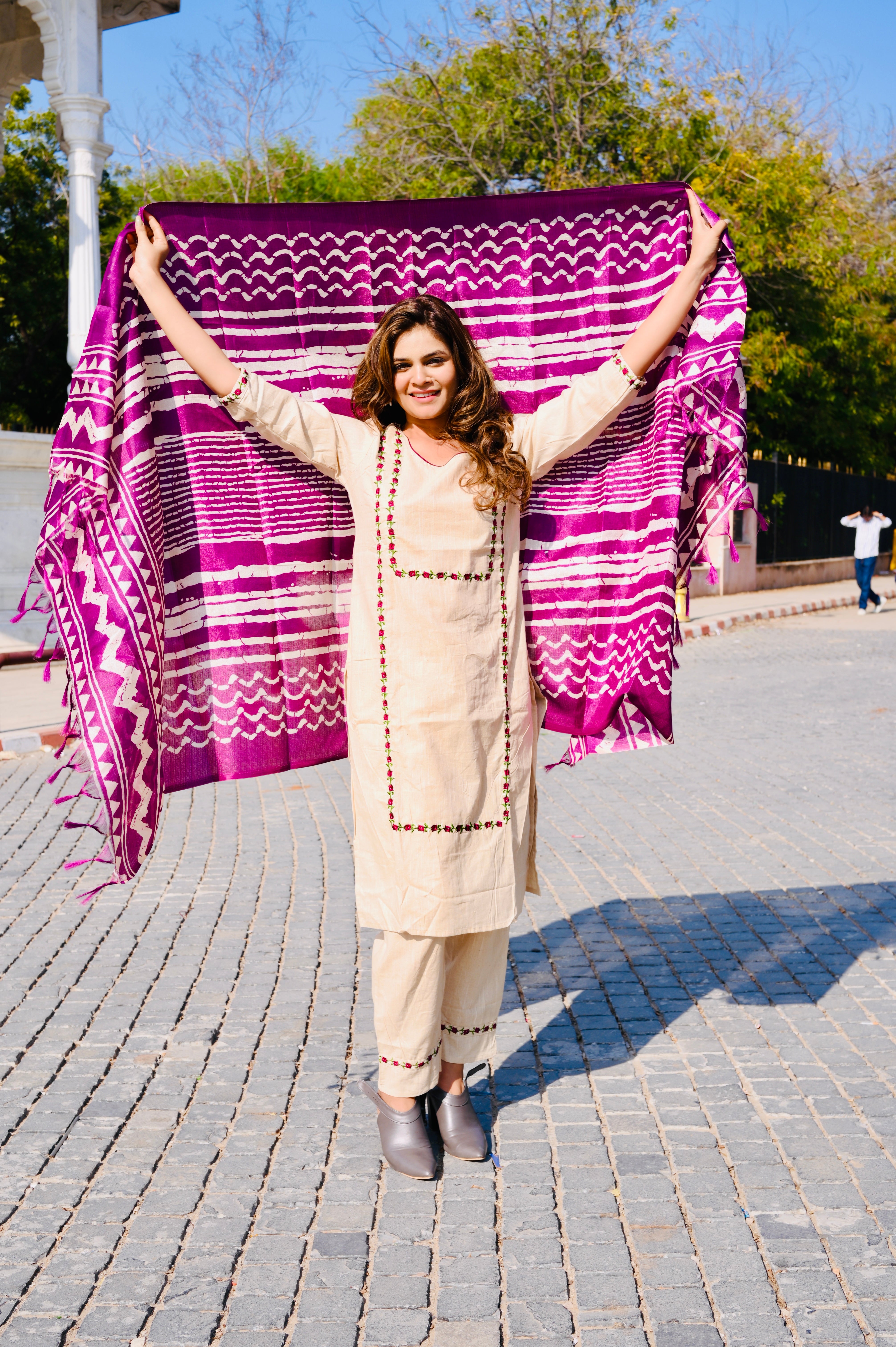 Handcrafted Cotton Khadi Embroidered 3-Piece Dress
