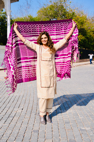 Handcrafted Cotton Khadi Embroidered 3-Piece Dress
