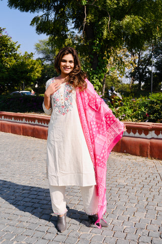 Cotton Khadi Embroidered 3-Piece Dress