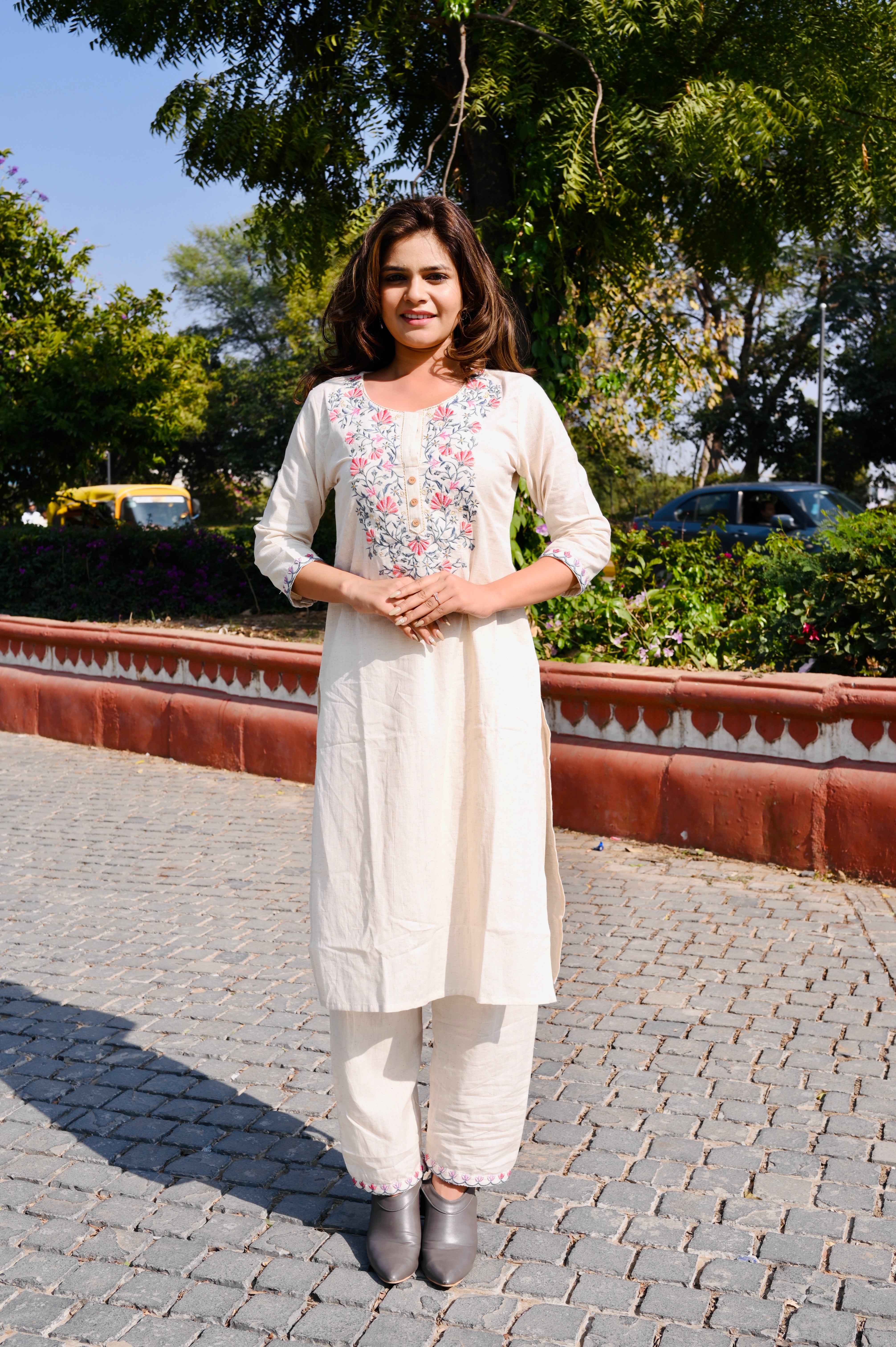 Cotton Khadi Embroidered 3-Piece Dress