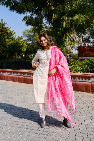 Cotton Khadi Embroidered 3-Piece Dress