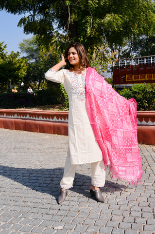 Cotton Khadi Embroidered 3-Piece Dress
