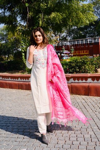 Cotton Khadi Embroidered 3-Piece Dress