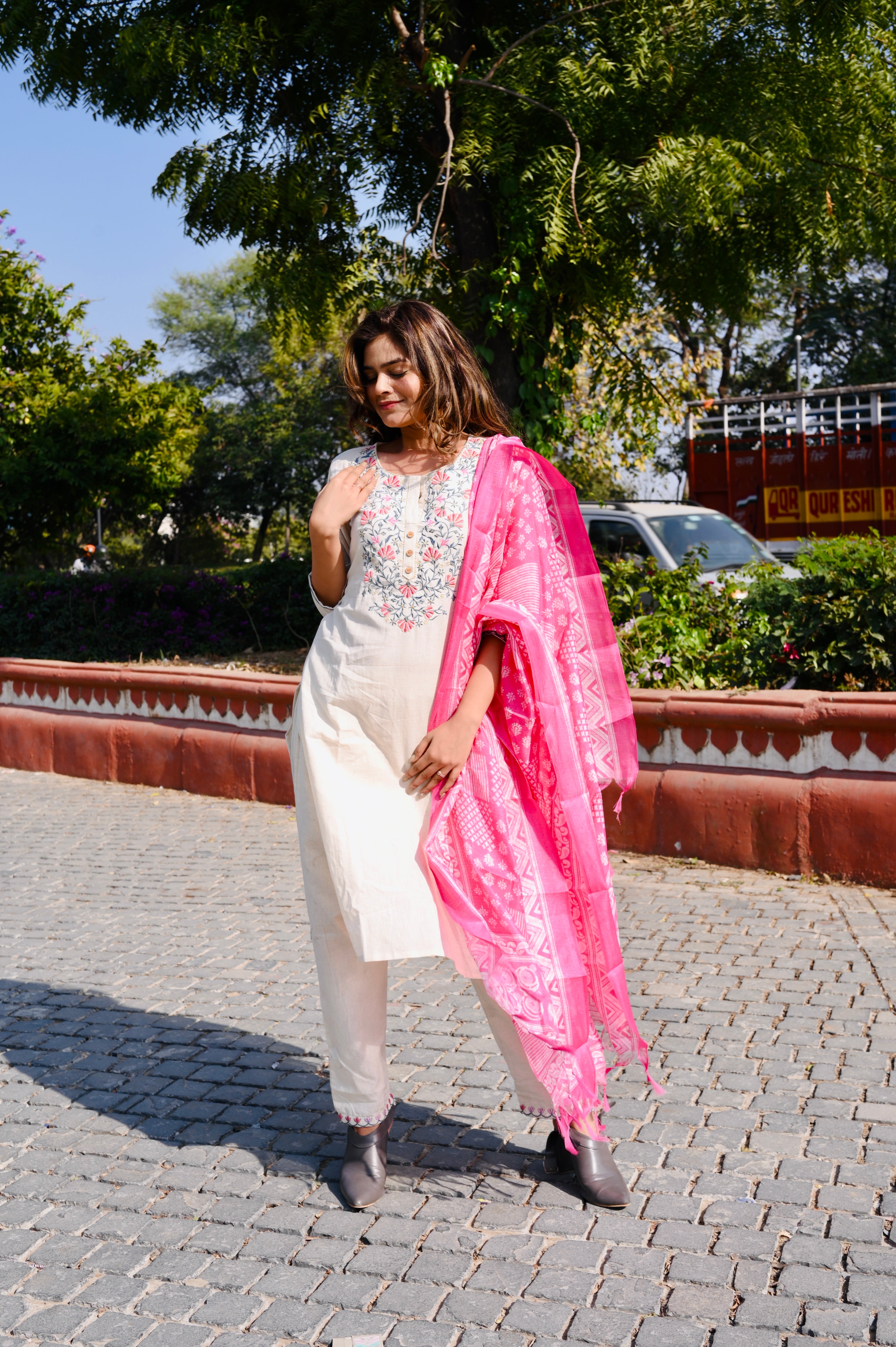 Cotton Khadi Embroidered 3-Piece Dress