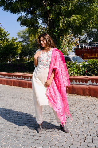 Cotton Khadi Embroidered 3-Piece Dress