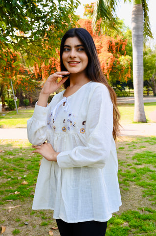 White Gathered Cotton Embroidered Top