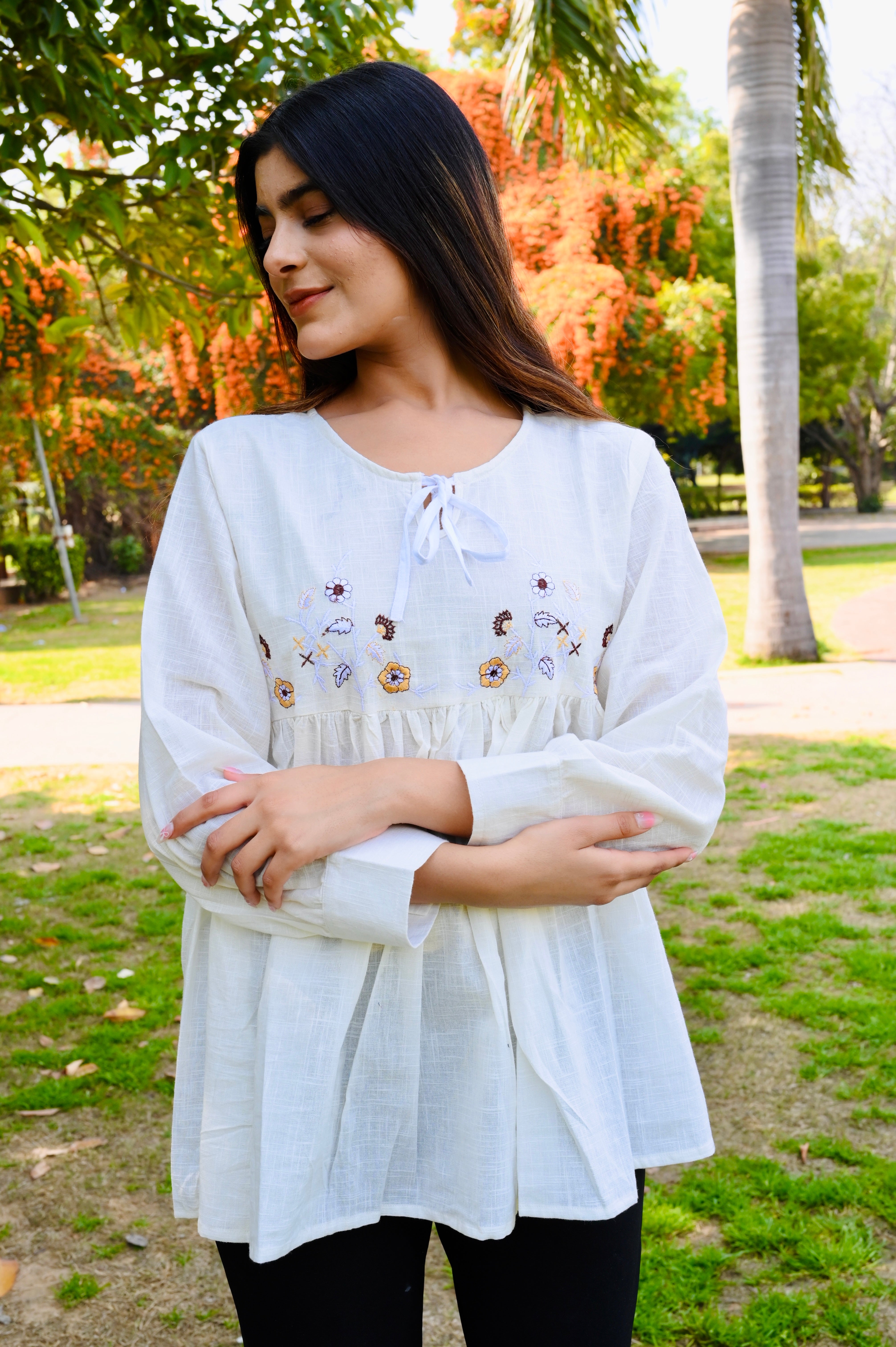 White Gathered Cotton Embroidered Top