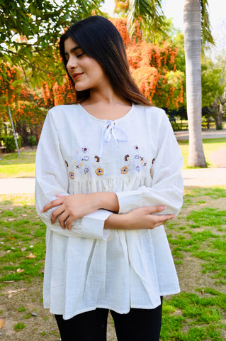 White Gathered Cotton Embroidered Top