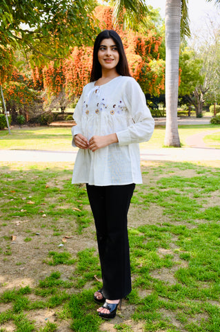 White Gathered Cotton Embroidered Top