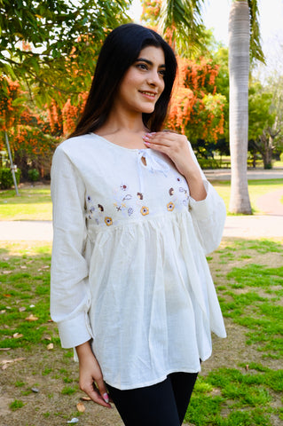 White Gathered Cotton Embroidered Top