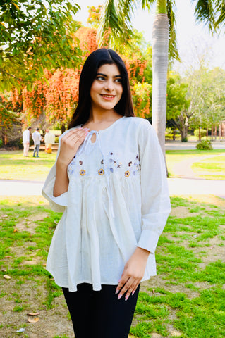 White Gathered Cotton Embroidered Top