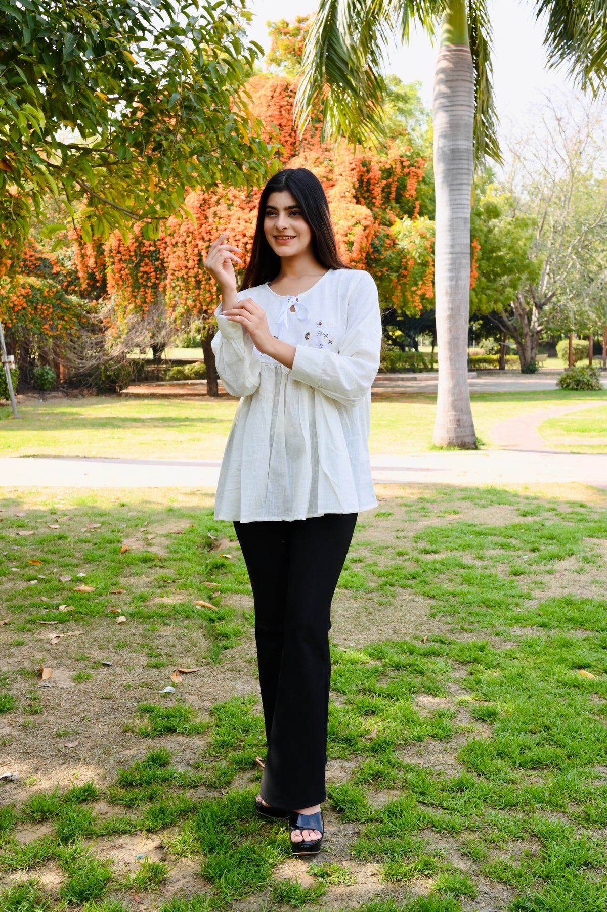 White Gathered Cotton Embroidered Top