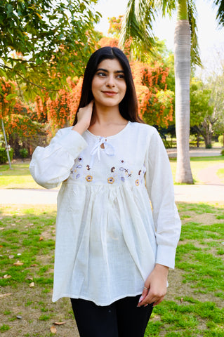 White Gathered Cotton Embroidered Top