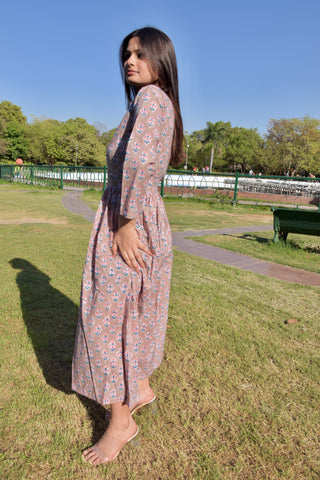 Blush Bloom Hand Block Print Cotton Maxi Dress