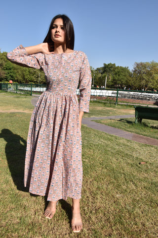 Blush Bloom Hand Block Print Cotton Maxi Dress