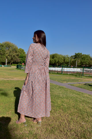 Blush Bloom Hand Block Print Cotton Maxi Dress