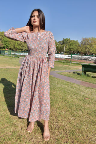Blush Bloom Hand Block Print Cotton Maxi Dress