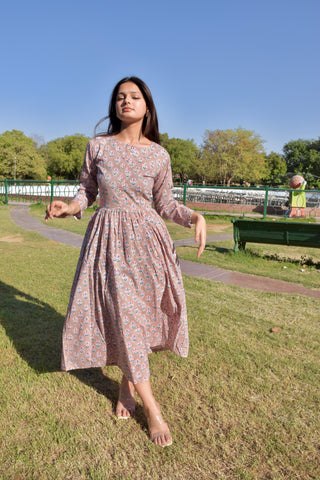 Blush Bloom Hand Block Print Cotton Maxi Dress