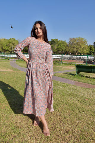 Blush Bloom Hand Block Print Cotton Maxi Dress