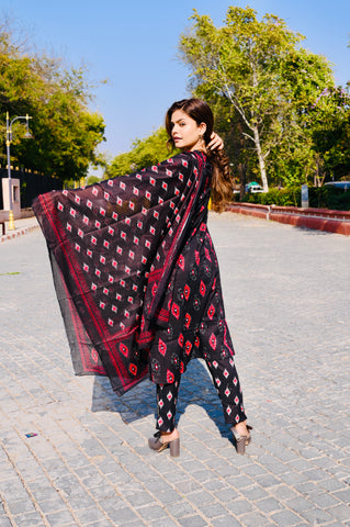 Black Ikat-Inspired Cotton Khadi Printed 3-Piece Dress