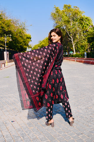 Black Ikat-Inspired Cotton Khadi Printed 3-Piece Dress