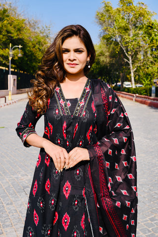 Black Ikat-Inspired Cotton Khadi Printed 3-Piece Dress