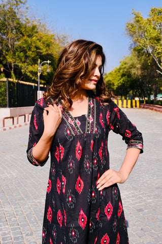 Black Ikat-Inspired Cotton Khadi Printed 3-Piece Dress