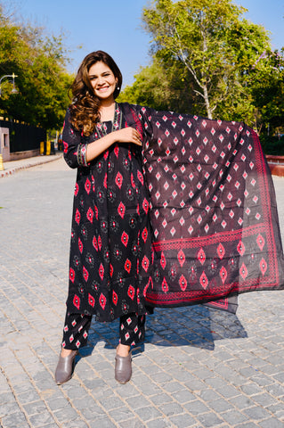 Black Ikat-Inspired Cotton Khadi Printed 3-Piece Dress