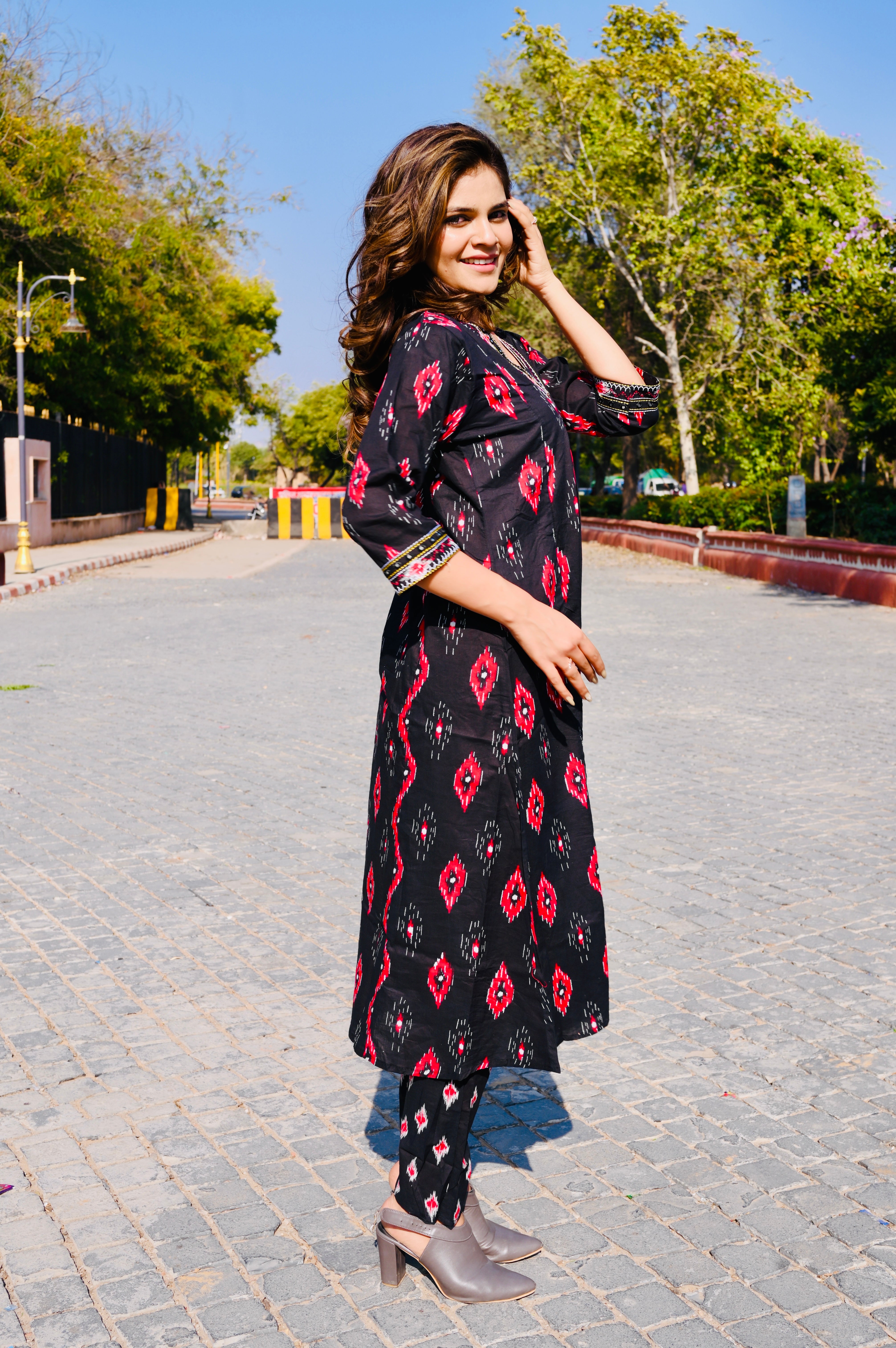 Black Ikat-Inspired Cotton Khadi Printed 3-Piece Dress