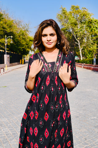Black Ikat-Inspired Cotton Khadi Printed 3-Piece Dress
