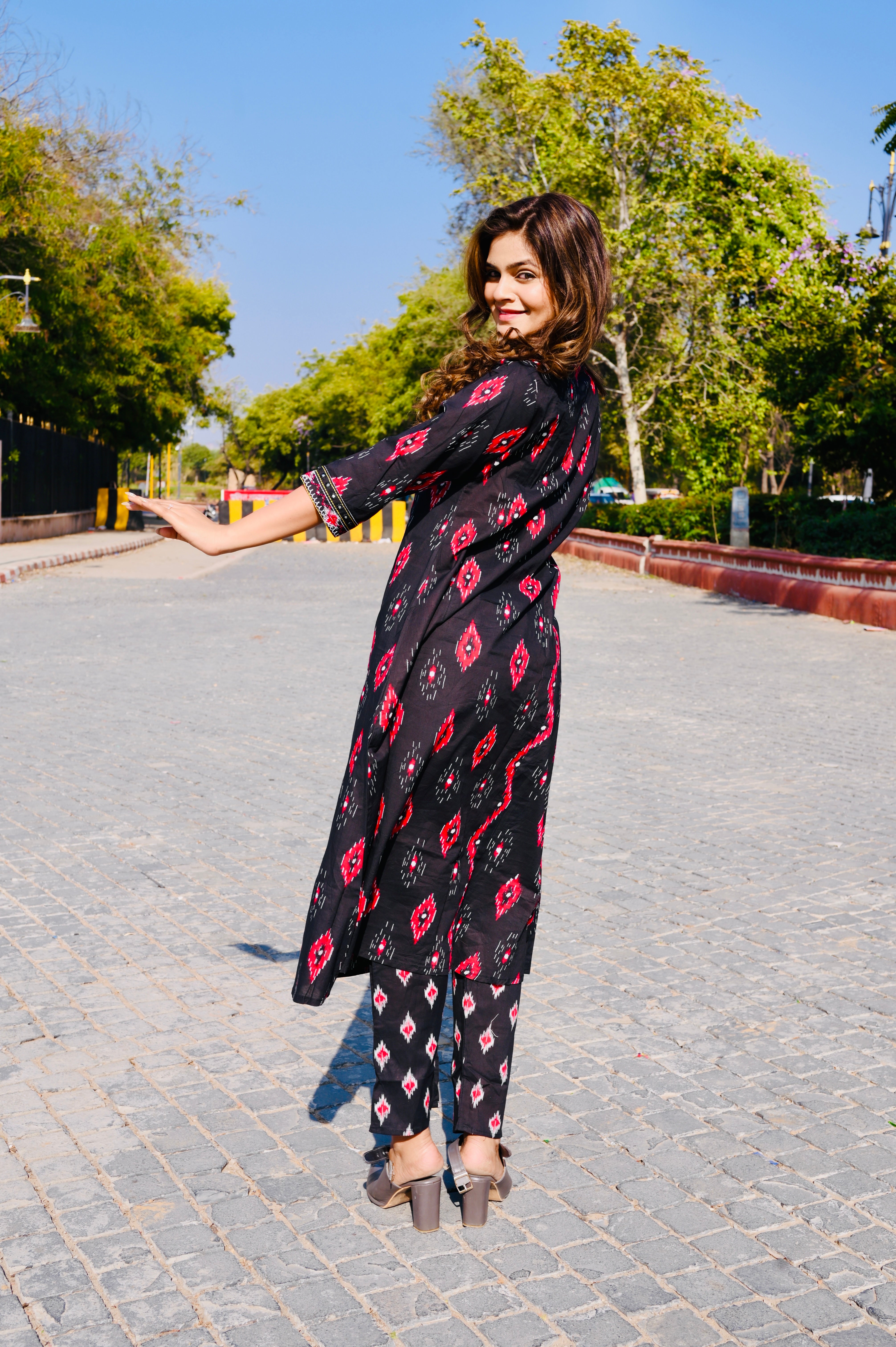 Black Ikat-Inspired Cotton Khadi Printed 3-Piece Dress