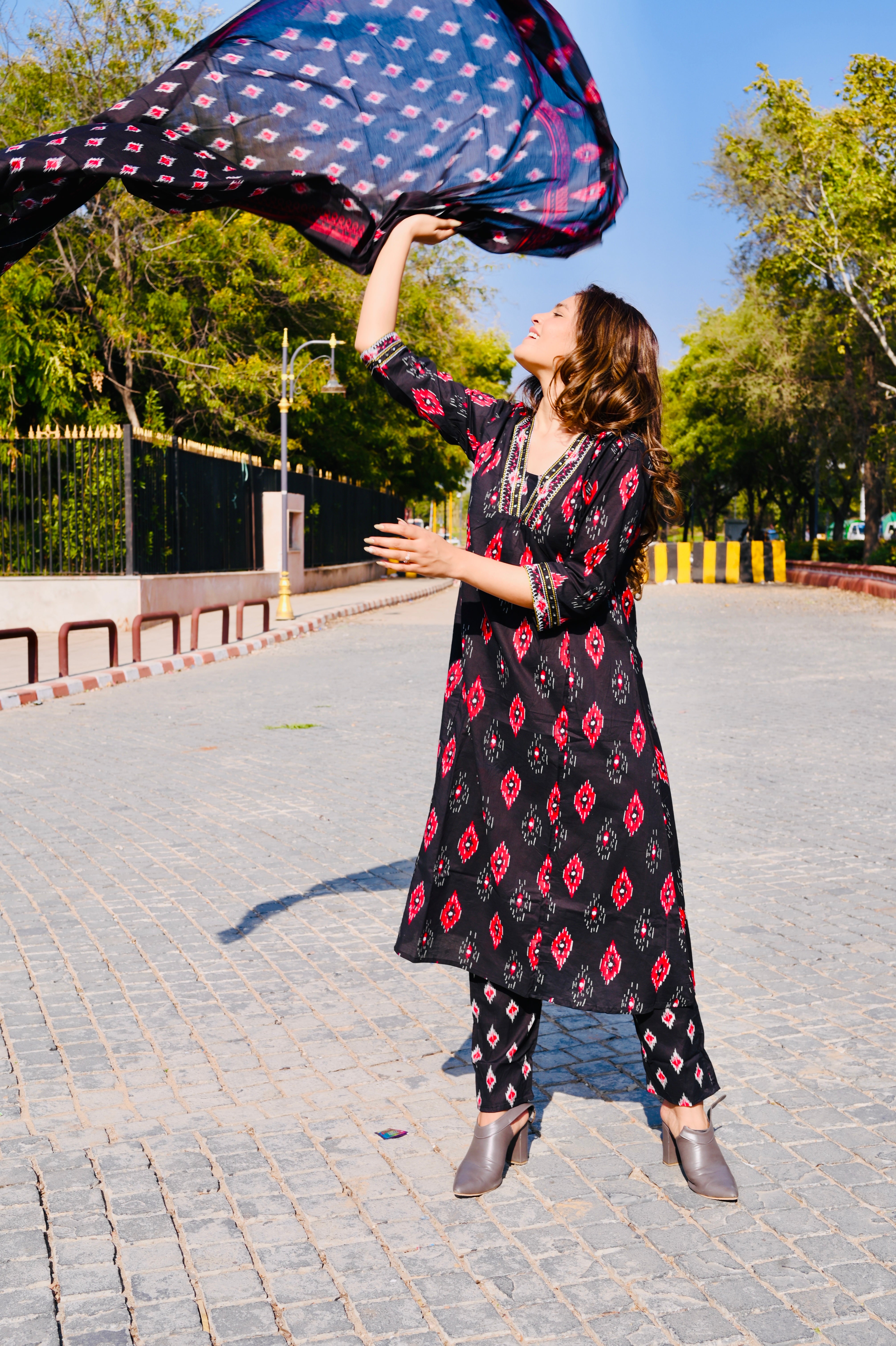 Black Ikat-Inspired Cotton Khadi Printed 3-Piece Dress