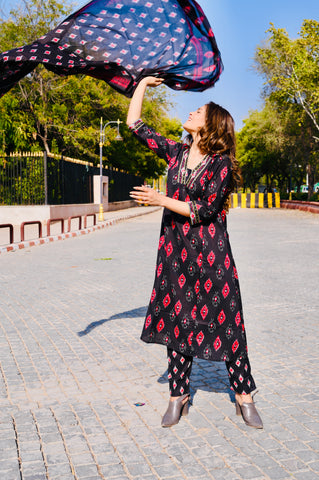 Black Ikat-Inspired Cotton Khadi Printed 3-Piece Dress