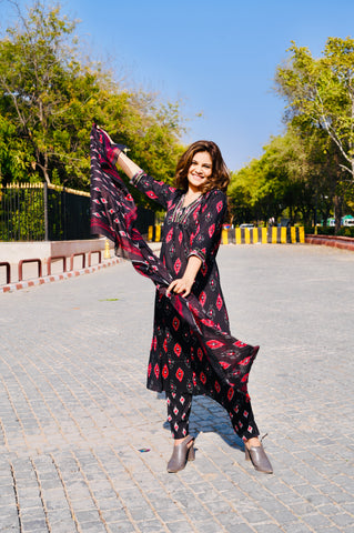 Black Ikat-Inspired Cotton Khadi Printed 3-Piece Dress