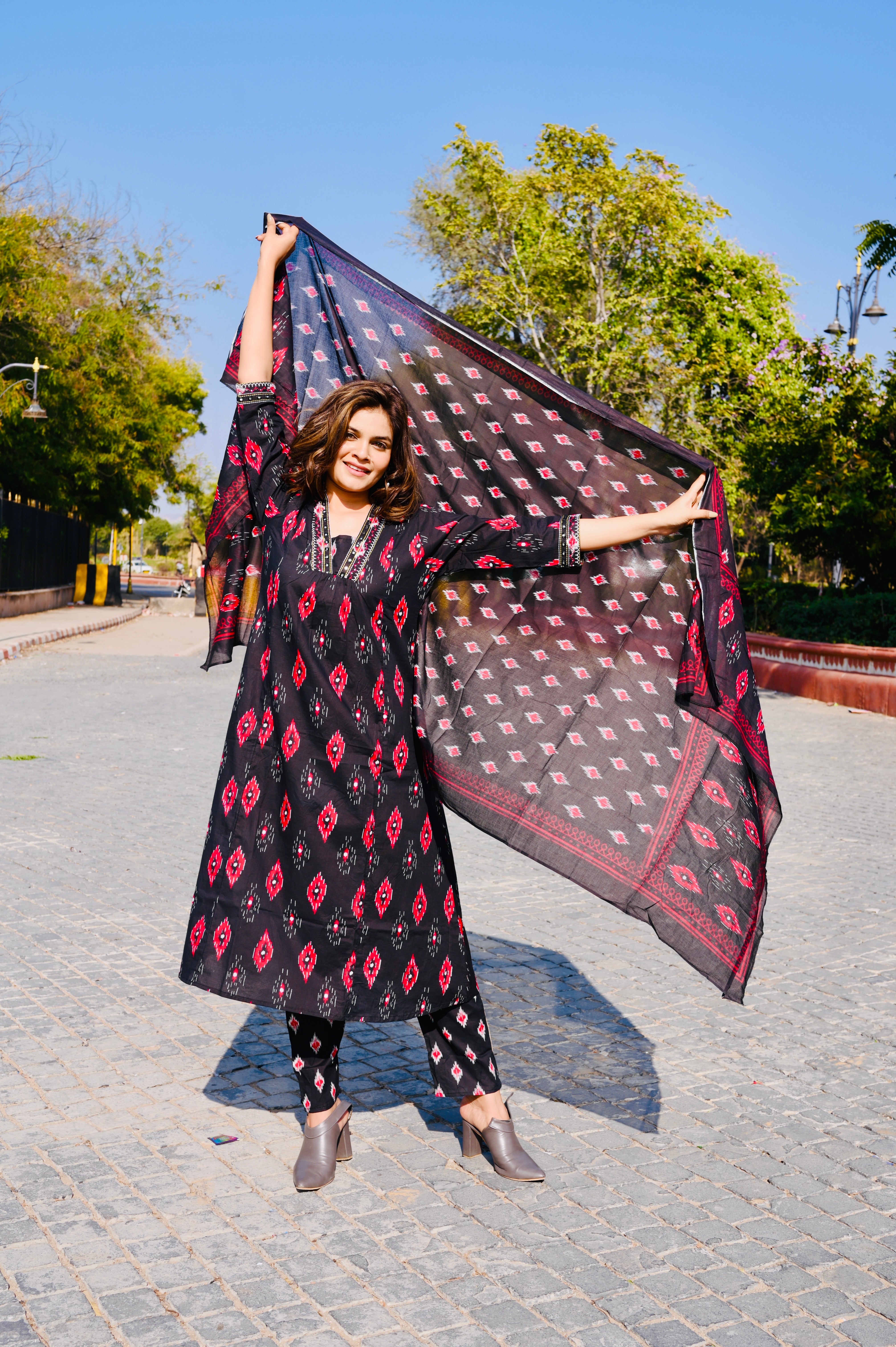 Black Ikat-Inspired Cotton Khadi Printed 3-Piece Dress