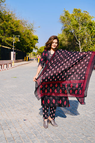 Black Ikat-Inspired Cotton Khadi Printed 3-Piece Dress