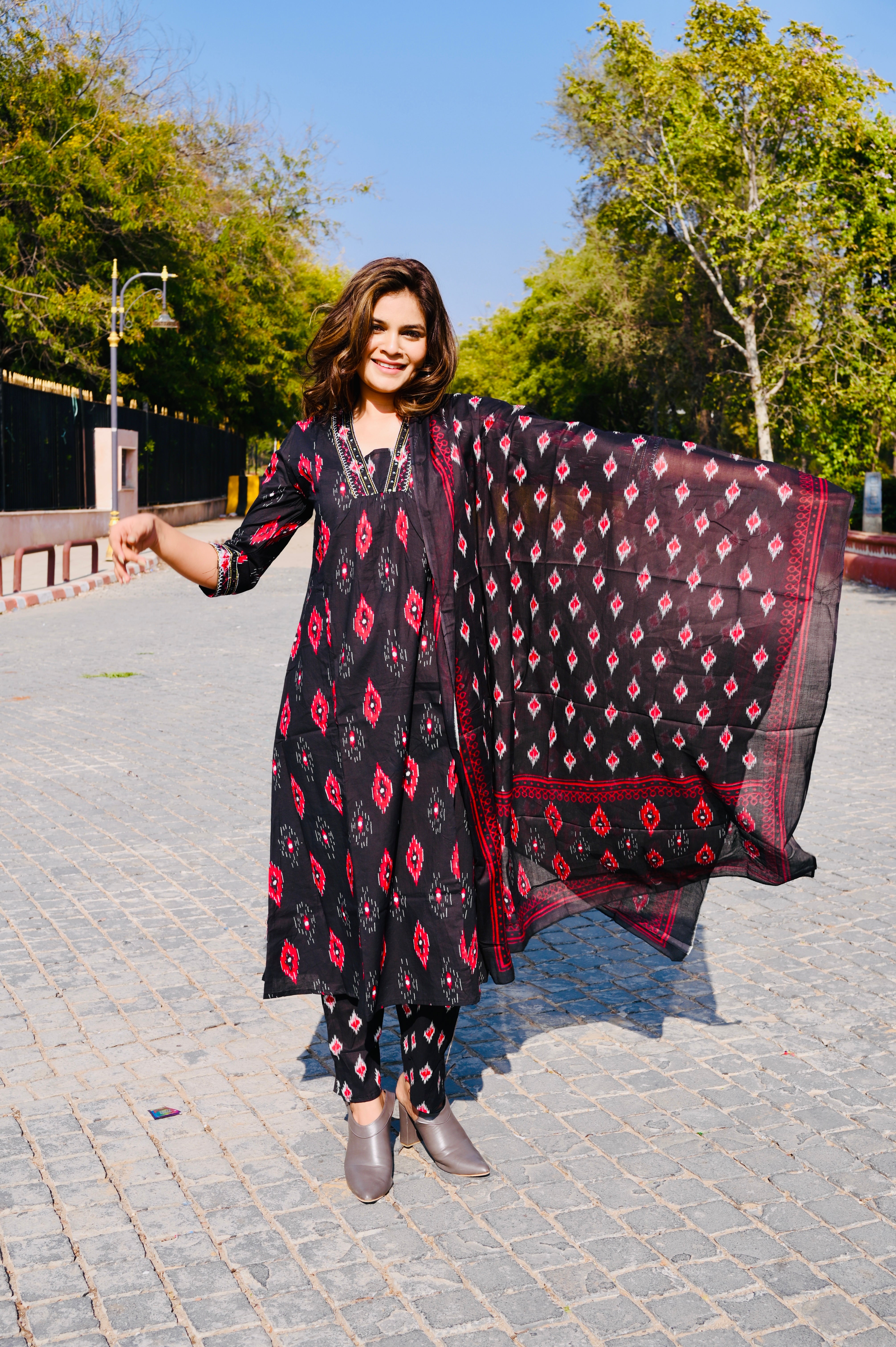 Black Ikat-Inspired Cotton Khadi Printed 3-Piece Dress