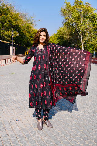Black Ikat-Inspired Cotton Khadi Printed 3-Piece Dress