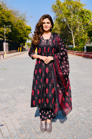 Black Ikat-Inspired Cotton Khadi Printed 3-Piece Dress