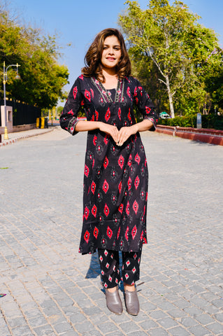 Black Ikat-Inspired Cotton Khadi Printed 3-Piece Dress
