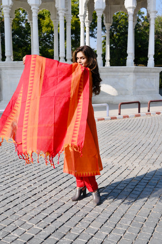 Sunset Orange Cotton Khadi 3-Piece Embroidered Dress