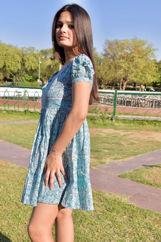 Aqua Breeze Hand Block Print Cotton Mini Dress