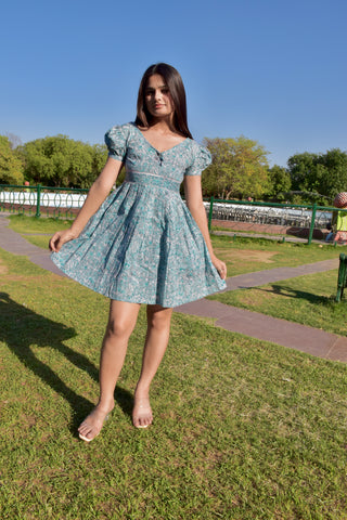 Aqua Breeze Hand Block Print Cotton Mini Dress