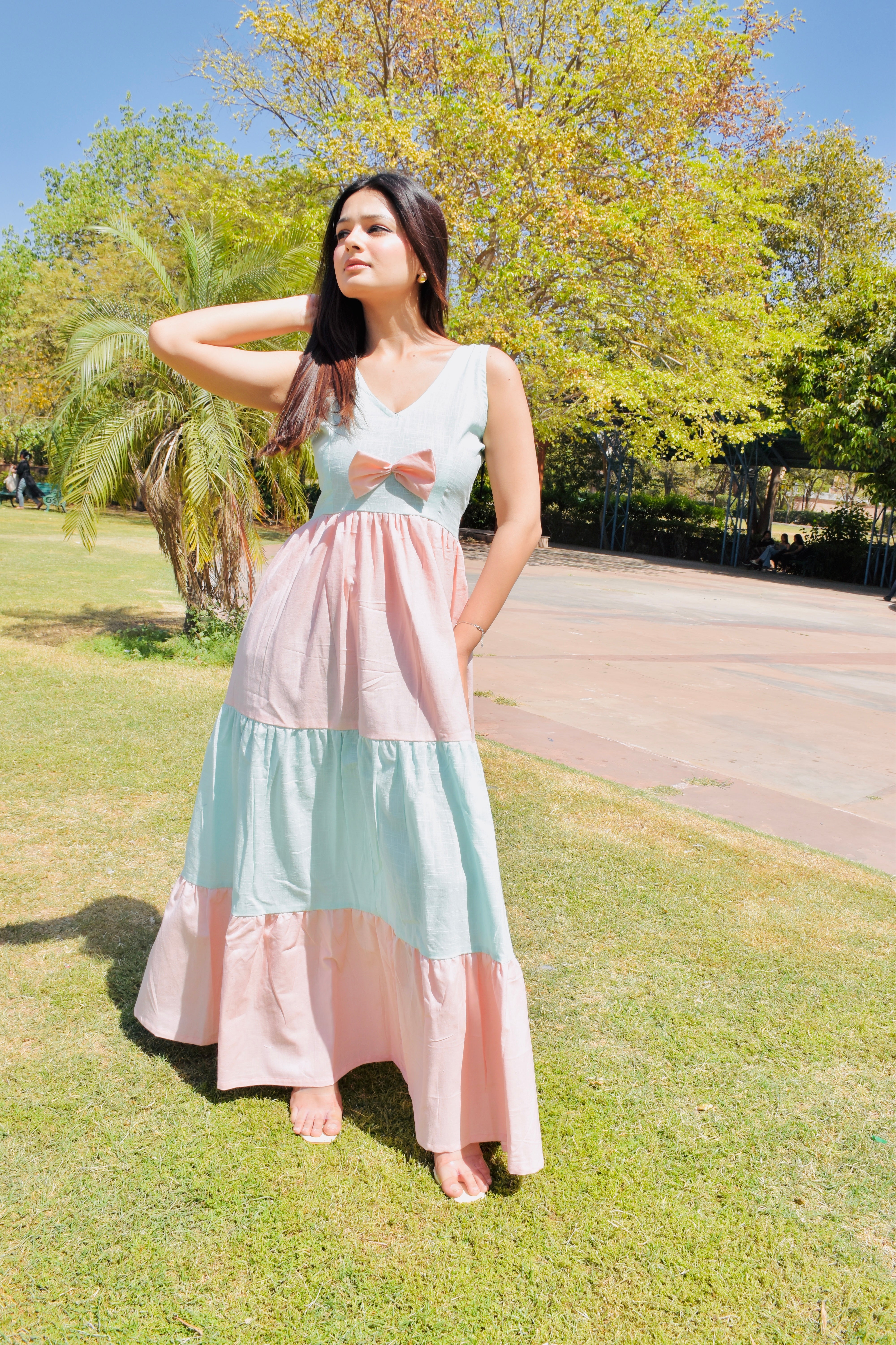 Pastel Harmony Bow Maxi Dress