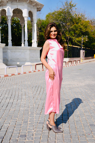 Elegant Satin Pink Maxi Dress