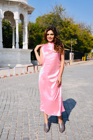 Elegant Satin Pink Maxi Dress